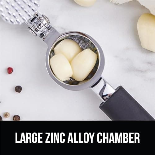 GORILLA GRIP Garlic Press and Peel Set, Heavy Duty Mincer Tool, Large Ergonomic Handle, Easily Mince, Crush Garlics Ginger Nuts, Peeler Included for Peeling Cloves, Holiday Prep Kitchen Gadgets, Black thumbnail 4