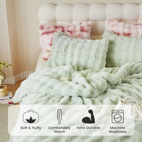 Simple&Opulence Fluffy Faux Fur Comforter Set, Plush Fuzzy Minky Bedding Set, 3 Pieces Warm Soft Comforter Bedding Set for Winter - 1 Shaggy Comforter with 2 Pillow Shams(King, Light Green) thumbnail 2
