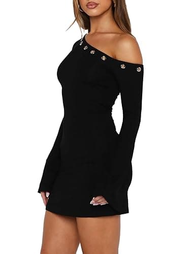 OOQONQ Women's Fall Off The Shoulder Long Flared Sleeve Mini Dress Neckline with Silver Eyelet Bodycon Party Club Dresses thumbnail 2