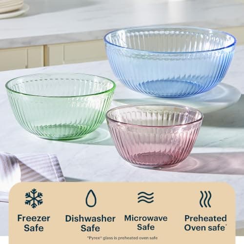 Pyrex Colors Tinted (3-Pack) Sculpted Tinted Unlidded Small/Medium/Large Glass Mixing Bowls, Nesting Space Saving Set of Bowls For Prepping and Baking, 1.3QT, 2.3QT & 4.5QT thumbnail 4