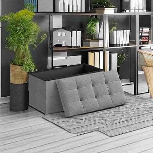 SONGMICS MAZIE Collection - 30 Inches Folding Storage Ottoman Bench, Ottoman Foot Rest, End of Bed Bench, Storage Chest, Load 660 lb, for Living Room, Bedroom, Entryway, Light Gray ULSF47G thumbnail 2