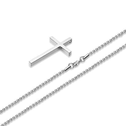 M MOOHAM Cross Necklace for Men, Silver Black Gold Stainless Steel Plain Cross Pendant Necklace for Men Box Chain 16-30 Inch thumbnail 7