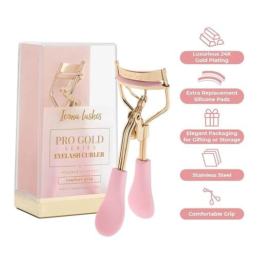 Icona Lashes Eyelash Curler - 24K Gold-Plated Stainless Steel Precision Eye Lash Curler for Lush, Luxurious Lashes - Silicone Eyelash Curler Pads, Ergonomic Cushioned Handles - with Replacement Pads thumbnail 4