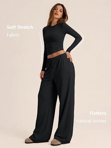 Trendy Queen Women's 2 Piece 2026 Fall Fashion Lounge Set with Pockets | Airport Outfit, Athleisure Workout Set, Fall Wardrobe Staple, Winter Style, Side-Ruched Top, Drawstring Wide-Leg Pants thumbnail 3