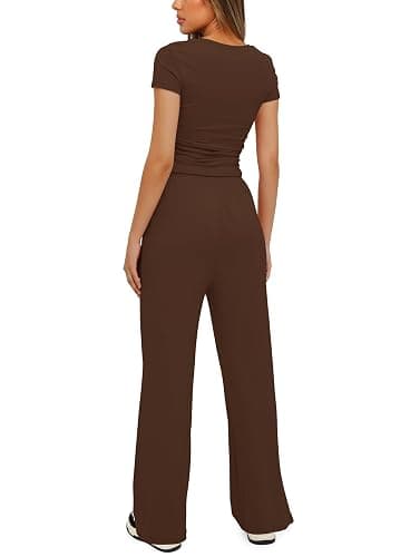 Darong Women's 2 Piece Lounge Sets Short Sleeve Tops High Waisted Wide Leg Pants Airport Travel Outfits Matching Sets thumbnail 2