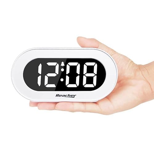 REACHER Small LED Digital Alarm Clock with Snooze, Simple to Operate, Full Range Brightness Dimmer, Adjustable Alarm Volume, Outlet Powered Compact Clock for Bedrooms, Bedside, Desk, Shelf(White) thumbnail 2