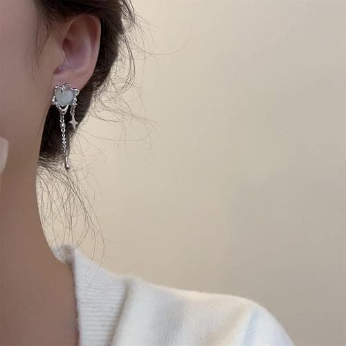 Moonstone Heart Stainless Steel Earrings For Women Teen Girls Tassel Silver Star Dangle Earrings Dangling Y2k Earinging Earrings thumbnail 4