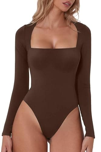 QINSEN Women's Sexy Square Neck Bodysuit Long Sleeve Double Lined Shirt Tops - Image 1