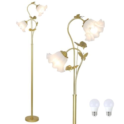 HMVPL Gold Floor Lamp for Living Room, Flower Standing Lamp with 2 LED 5W Blubs, Foot Switch, Floral Tall Lamp with Acrylic Shade, Antique Lotus Flower Floor Lamp for Living Room Office Reading - Image 1