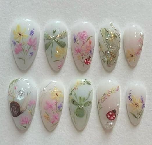 LBPEPAMZ 30Pcs Colorful Flower Press On Nails Medium Almond Fake Nails with 3D Water Drop Pearl Design Spring Summer Floral Gold Line False Nails Snails Dragonfly Butterfly Stick on Nails for Women - Image 1