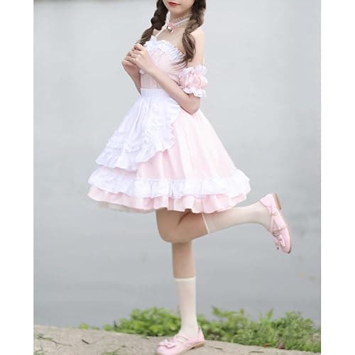 XYGJZ Sweet Lolita Dress for Women Off-Shoulder Ruffled Layered Maid Costume Cosplay Dress thumbnail 4