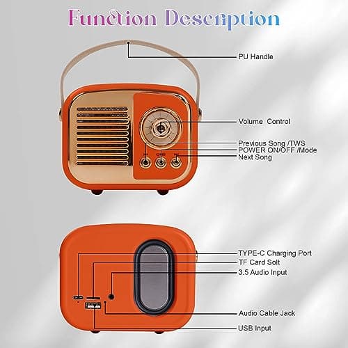 Aresrora Retro Bluetooth Speaker, Vintage Wireless Speaker,Portable Mini Radio Old Fashion Style for Room Decor Kitchen Desk Bedroom Office,Supports TWS Pairing for iPhone,Android Devices (Orange) thumbnail 6