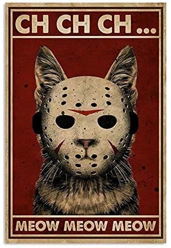 Noete Horror Jason Cat Meow Metal Poster Wall Decor For Him Country Home Decor Vintage Tin Sign 8x12 Inch Red 8 x 12 Inch - Image 1