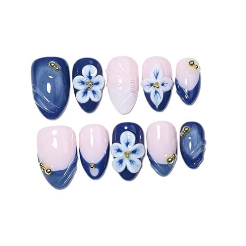 Handmade Short Almond Ocean Press On Nails,Reusable&Salon Quality(1TA26,S) | 10Pcs Daily & Party Fake Nails | Easy Apply & Remove | Navy Blue Press Ons, 3D White Blue Flowers, Pearls & Gold Beads - Image 1