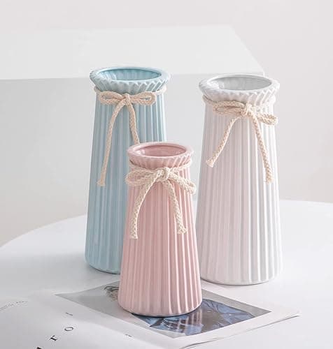White Ceramic Ribbed Vases for Minimalist Modern Home Decor, Decorative Flowers Vase for Wedding Dinner Table Office Bedroom - 8 Inch / 20 CM thumbnail 6