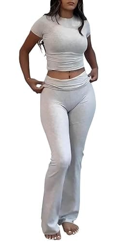 AYWA Women's 2 Piece Lounge Sets Short Sleeve Crop Top Foldover Flare Pants Casual Pajama Outfits - Image 1