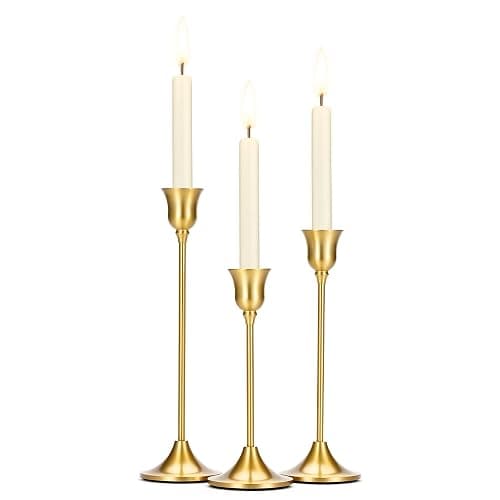 Tifanso Taper Candle Stick Holder - 3PCS Brass Gold Pillar Tall Candlestick Holders Metal Vintage Decor Dinner Table Dining Room Centerpieces Decorations for Wedding Fireplace Mantel Housewarming Gift - Image 1