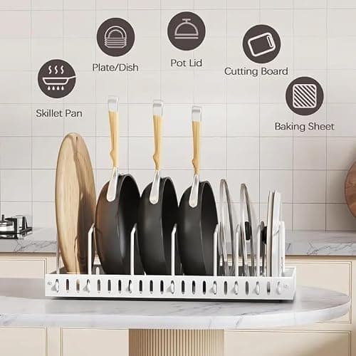 2 Pack Pull Out Pots and Pans Organizer Rack for Cabinet and Countertop, Pull Out Cabinet Organizer with 8 Adjustable Dividers, Kitchen Storage for Pot Lid, Dishes, Bakeware, Pots and Pans, White thumbnail 4