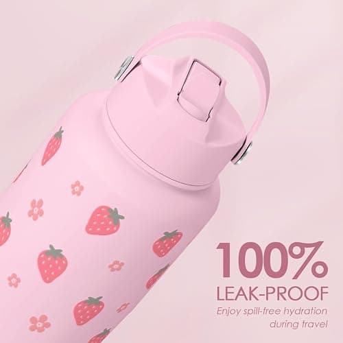 SANDJEST Strawberry Water Bottle 32oz Stainless Steel with Lid & Straw, Insulated Bottles for Women Girls, Gifts Ideas for Birthday Christmas thumbnail 6
