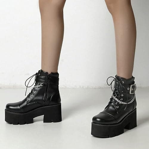 LUXMAX Women Buckle Goth Chunky Platform Ankle Boots Lace Up High Heel Motorcycle Boots with Chain thumbnail 3