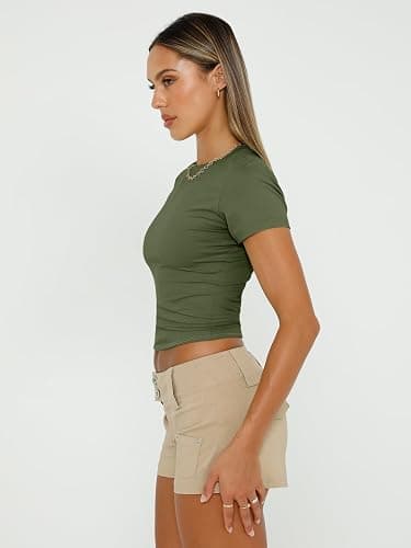AUTOMET Women's 3 Pack Short Sleeve Shirts | Buttery Soft Slim Fitted Crop Tops, Stretchy Basic Tees for Summer, Layering & Everyday thumbnail 5