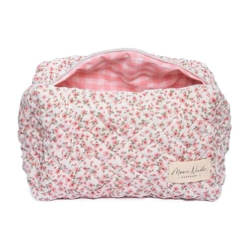 Moon Nude Quilted Travel Makeup Bag – Large Capacity Cosmetic Pouch for Women, Cute Toiletry Organizer Case, Portable Accessories Essentials Purse, Soft Washable Beauty Bag - Peony - Image 1