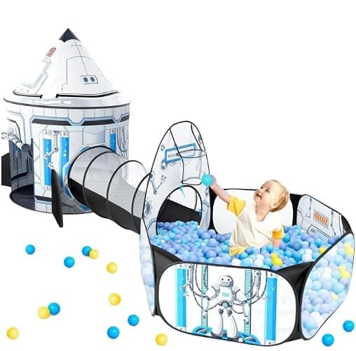Kids Ball Pit for Play Tent: 3PC Rocket Ship Baby Gifts, Spaceship Tents and Crawl Tunnel for Toddlers, Astronaut Pop Up Playhouse Toys for Indoor Outdoor Games (White) - Image 1