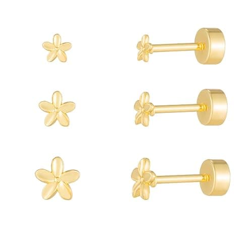 GUOKE 3 Pair Tiny Flat Back Earrings for Women - 14K Gold/White Gold Plated Cute Small Screw Flatback Stud Earring, Everyday Wear thumbnail 8