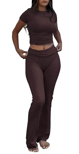 ZFLM Casual Workout Two Piece Outfits for Women Short Sleeve Crop High Waist Foldover Flare Pants Tracksuit Sets Streetwear - Image 1