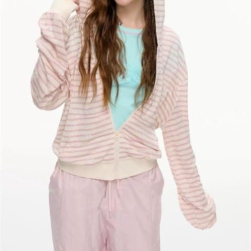 MANGMAO Striped Cute Hoodies Teen Girls Y2k Cutecore Sweater Kawaii Lightweight Zip Up Hoodie Fairy Grunge Clothes thumbnail 4