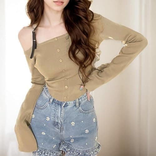 Women Long Sleeve Tops Off Shoulder Casual Sexy Basic Crop Slim Fitted Shirts Fall Going Out Tops Y2k Clothes - Khaki - Image 1