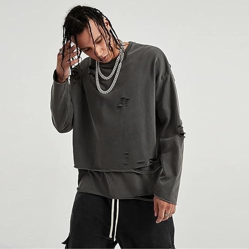 ELKNLMU Vintage Streetwear ripped Sweatshirt Men Fashion Autumn Solid Color Oversize Sweatshirt thumbnail 4