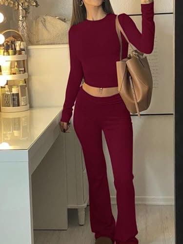 AYWA Women's 2 Piece Outfits Foldover Flare Pants Long Sleeve Crew Neck T-shirt Fitted Pajama Sets thumbnail 3