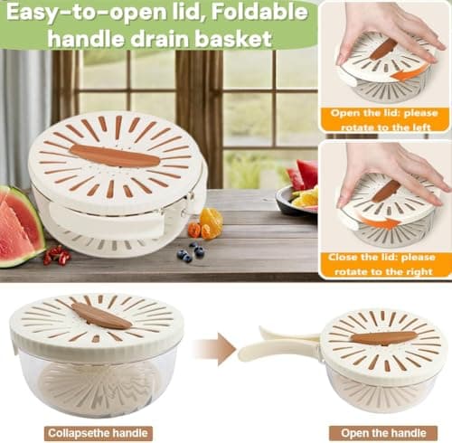 Multifunctional Fruit Washing Bowl with Strainer,2 in 1 Drain basket and Fruit Strainer Container with Lid,Fruit Washer Bowl for Kitchen,Fridge,Picnic & Camping(1QT) thumbnail 7