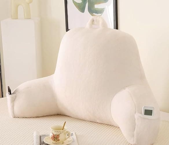 PAJEO Soft Reading Pillow for Bed with Arms,Middle,White,Faux Fur | 17" Backrest for Gaming & Lounging,Oeko-TEX Certified Plush Back Pillow for Teens Room - Image 1