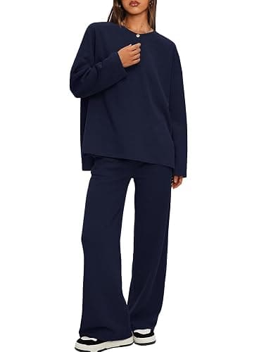 Darong Two Piece Outfits for Women Fall Lounge Sets Button Down Sweatshirt Wide Leg Pants Sweatsuits Set with Pockets thumbnail 4