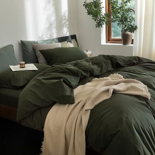 FOSSA Duvet Cover Set 100% Washed Cotton Linen Feel Super Soft Breathable Cozy 3 Pieces Bedding Sets Solid Olive Green Full/Double thumbnail 9
