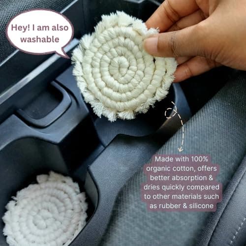 Cotton Car Coasters for Cup Holders, 2PC Car Cup Coasters, Drink Coaster Holder, Cute cupholder Coaster Accessories for Women, Macrame, Boho (Vanilla White) - Vanilla White thumbnail 4
