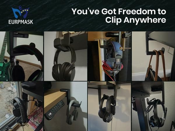 EURPMASK Rotating Headphone Stand - PC Gaming Headset Holder, Adjustable Clamp-on Under Desk Hanger With 360 Degree Swivel & Cable Clip Organizer - Black thumbnail 8