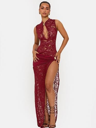 Sukiglam Robe Femme Sexy sans Manches Maxi Robes Col Montant Transparente Dentelle Moulante Robe Longue avec Fente Profonde Ete Chic et Elégant Ajouré Robes de Soiree Cocktail Mariage Gala Cérémonie thumbnail 8