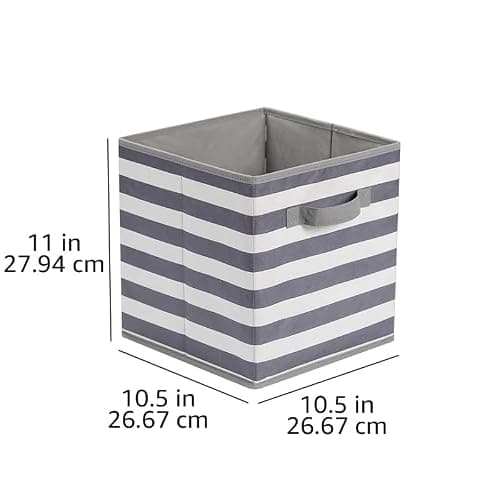 Amazon Basics Collapsible Fabric Storage Bins with Handles, Cube Organizer for Home Organization, 10.5"x10.5"x11", White/Light Grey Stripe, 6-Pack thumbnail 3