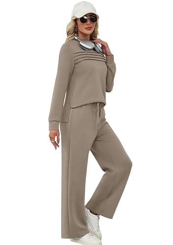 WIHOLL Two Piece Sets for Women Fall Travel Vacation Outfits Long Sleeve Lounge Sets Side Slit Wide Leg Pants S-3XL thumbnail 4