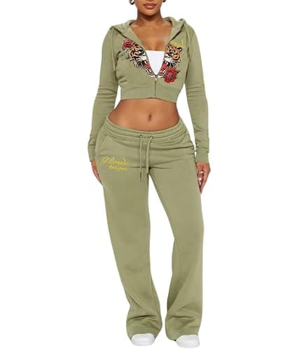 Glitrandi Womens 2 Piece Outfits Fashion Print Cropped Hoodies Jacket Sweatpants With Pockets Tracksuit For Women - Image 1