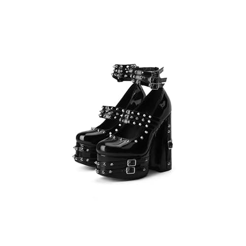 Frankie Hsu Goth Chunky Platform High Heeled Pumps Ankle Bootie, Black Patent Strappy Rivets Punk Gothic Y2K Hot Girl Boot, Big Large Size Shoes For Women Men - Image 1