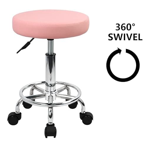 KKTONER PU Leather Round Rolling Stool with Foot Rest Swivel Height Adjustment Spa Drafting Salon Tattoo Work Office Massage Stools Task Chair (Pink) thumbnail 4
