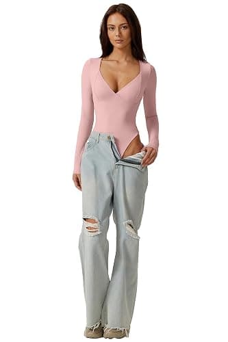 QINSEN Women's Long Sleeve Bodysuit V Neck Body Suits Seamed Cup Going Out Tops Shirt thumbnail 4