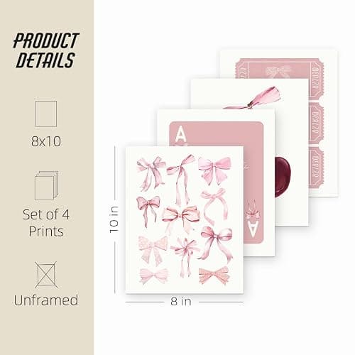 ETVISO Coquette Room Decor for Girls Room, Trendy Pink Bows Wall Art, College Apartment Decor Aesthetic Wall Art Prints Cherry Poker, Living Room Decor 8x10 Inch Set of 4 Unframed (Pink) - 8x10 in - Bow(Pink) thumbnail 2