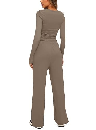 Darong Women's 2 Piece Outfits Lounge Sets 2025 Long Sleeve Crop Tops Wide Leg Pants Casual Matching Set thumbnail 2