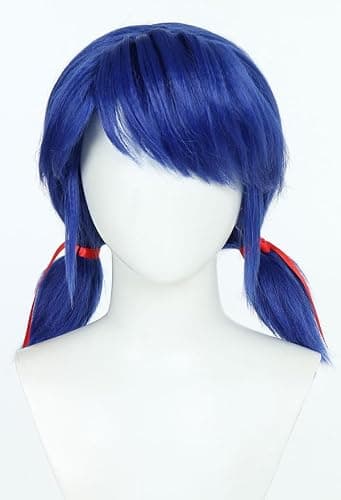 Micotaku Miraculous Ladybug Officially Licensed Blue Wig Short Pigtail Anime Halloween Cosplay Wig with Red Ribbon - Image 1