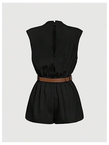 SOLY HUX Women's Summer Ruched Mock Neck Romper Elegant Cap Sleeve Belted Work Short Jumpsuits thumbnail 2
